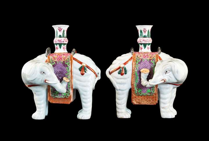 Pair of Chinese export porcelain elephant form candelsticks